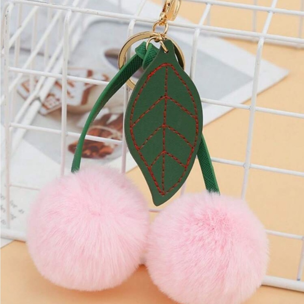 Blush Cherry Pom Pom Keychain with Green Leaf Accent - Picture 2 of 3